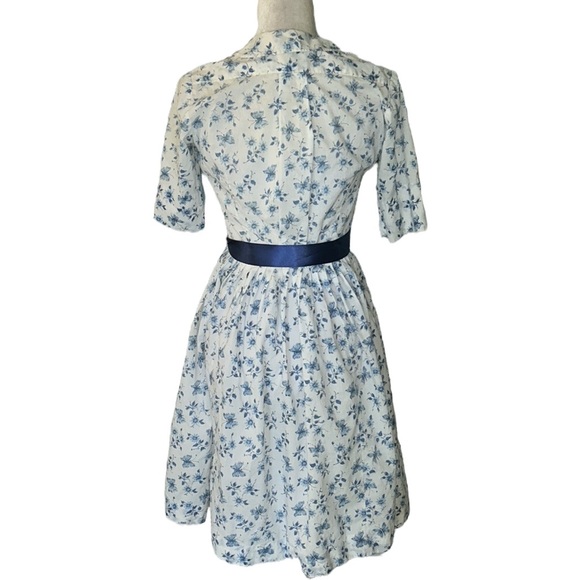 The Villager Vintage 60s Blue White Butterfly Floral Belted Button Down Dress XS - Picture 5 of 10